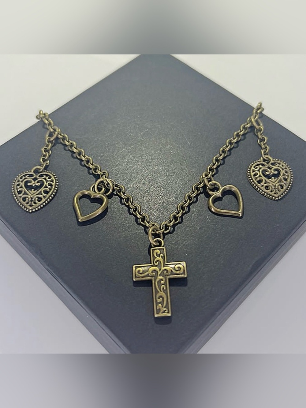 Antique Bronze Heart & Cross Charm Necklace - Picture 2 of 2